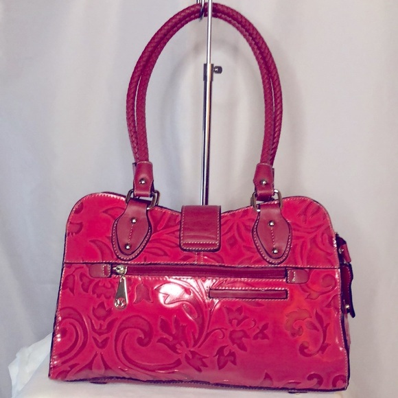 MC red embossed genuine leather satchel handbag with feet. - Picture 5 of 16
